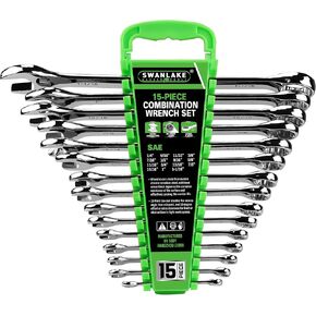 SWANLAKE GARDEN TOOLS 15-Piece SAE Wrench Set, V Notch Premium Combination Wrenchs Set, SAE 1/4" to 1", Max Torque, 12-Point, Chrome Vanadium Steel, with Storage Rack