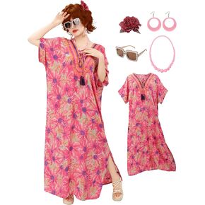 PROCOS Kaftan Dresses for Women Cover-Up Maxi Beach Floral Printed Dress with Necklace Earrings Eyeglasses Halloween Costume