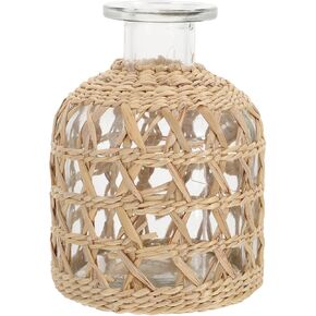 Cabilock Seagrass Vase Wicker Flower Vase Basket Rustic Farmhouse Bud Vase Glass Diffuser Bottles Table Centerpieces for Home Living Room Bedroom