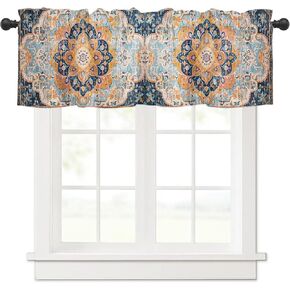 Curtain Valance 42" x 12", Blue Orange Window Valances Rod Pocket Curtains Drapes, Ethnic Middle Century Geometric Abstract Western Short Topper Curtain for Kitchen Cafe Living Room, 1 Panel