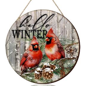 Hello Winter Welcome Door Sign Winter Christmas Door Decor Wooden Farmhouse Wall Hanging Plaque for Winter Christmas Party Home Front Porch Yard Indoor Outdoor Decorations (Cardinal)
