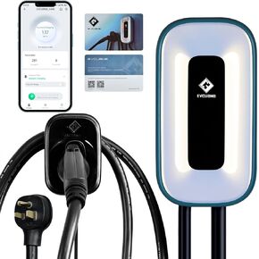 EV Charger Level 2，50 Amp Charge Station, 240V Level 2 Charger,Indoor/Outdoor EVSE, 25Ft Cable& 37" Power Cord Level 2 ev Charger, 2.4GWiFi/APP/RFID Card (NEMA14-50 Plug or Hardwired)