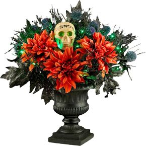 National Tree Company, 20inch Artificial Boo-Tiful Urn with Orange Florals and White Skull Halloween Decor