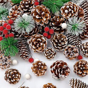 YUJUN 150PCS Christmas Pine Cones Berry Branch Bulk Artificial Winter Natural Snow PineCones Holiday Christmas Tree Ornaments for Xmas DIY Crafts Home Decorations Tree Tag Gift Party Supplies
