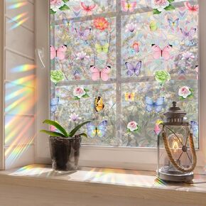 Runtoo Window Privacy Film Rainbow Butterfly Floral Window Clings 3D Decorative Window Vinyl Stained Glass Flowers Window Decals Static Cling Window Sticker Non-Adhesive, 15.75 x 40 inches
