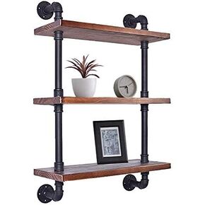 Diwhy Industrial Pipe Shelving Bookshelf Rustic Modern Wood Ladder Storage Shelf 3 Tiers Retro Wall Mount Pipe Design DIY Shelving (Black, L 24")
