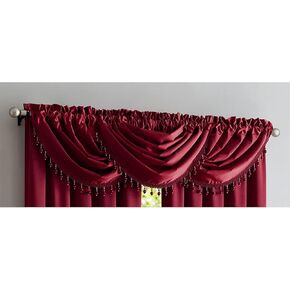 Crushed Satin Rod Pocket Panel and Waterfall Valance with Decorative Fringe Window Treatments, Curtain Set for Your Home, All Sold Separately (Burgundy, Valance - 48X37 Inches)