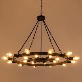 Wellmet 54inch Large Black&Gold Wagon Wheel Chandelier, 2-Tier 30-Light Farmhouse Chandelier Lighting Fixture for Living Room, Entryway, Hallway, Dining Room, Bar, Cafe