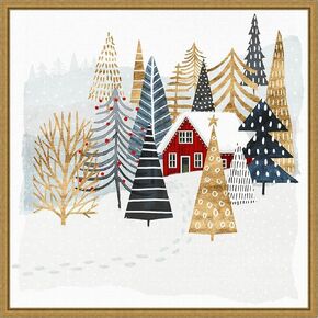 Amanti Art Framed Canvas Wall Art Print Christmas Chalet I Tree by Victoria Borges (22 in. W x 22 in. H), Sylvie Gold Frame - Medium