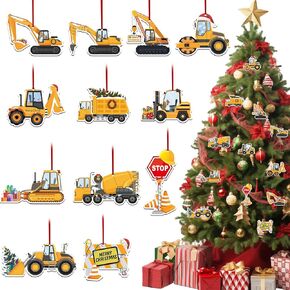 24 Pcs Christmas Construction Truck Ornaments Decoration Wooden Vintage Excavator Christmas Tree Hanging Crafts for Farmhouse Home Party Decor Holiday Xmas Party Supplies Merry Christmas Winter