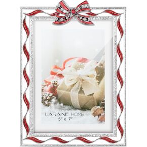 LARAINE Picture Photo Frame 5x7 Metal Ribbon Bow Rhinestones High Definition Glass Display Pictures for Tabletop Home Decorative Holiday Gift (Gold)