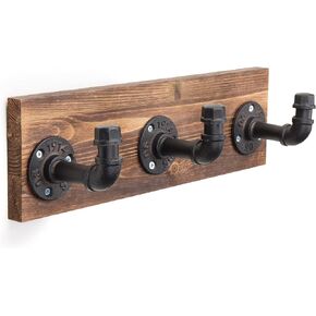 MyGift Wall Mounted Whitewashed Wood Coat Rack with Industrial Metal Pipe Hooks, Entryway Wall Organizer Rack for Hats, Coats, Handbags