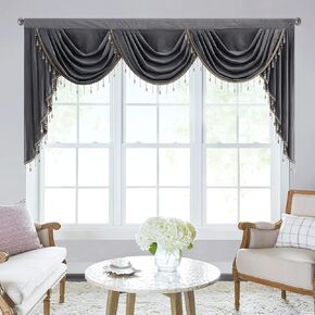 StangH Thick Velvet Window Curtains Valance for Bedroom, Grey Waterfall Swag Valances with Luxury Beads for Room Dividers/Living Room, Rod Pocket, W79 inches, 1 Panel