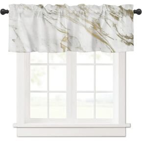 Marble Curtains Valances, Marble Texture White Gold Abstract Art Rod Pocket Cafe Valance Short Window Curtains for Kitchen, Bedroom, Living Room, 1 Panel, 54"X18"