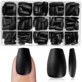 LuckForever 360pc Coffin Press on Nails Medium Fake Nails with Glue Tabs, Medium Press on Nails Coffin Stick Nails Black Acrylic Nails Press ons False Nails Women Short Ballerina Artificial Nails
