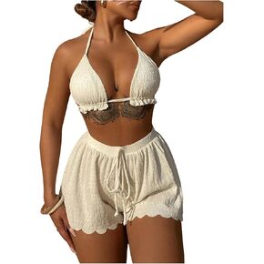 Women's 3 Piece Swim Suit Tie Backless Frill Triangle Bathing Suit Bikini Sets Swim Shorts Cover Up