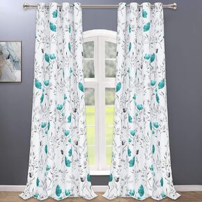 VERTKREA Teal Curtains, Flower Watercolor Window Curtains, Teal and Gray Floral Curtains, Teal and White Grommet Drapes for Bedroom Living Room Kitchen Bathroom Nursery 2 Panels, 52 x 96 Inches