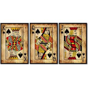 Retro Playing Card Wall Art Poker Wall Art Canvas Prints Joker Jack Queen King Room Art Painting Vintage Poker Posters Game Room Poker Artwork for Living Room Bedroom Bar Decor 16x24x3 Inch Unframed