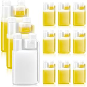 Lounsweer 12 Pcs Plastic Flask with Built in 1oz Shot Glass Graduated Chamber with Caps, Measuring Bottles One for Filling and One for Dispensing, to Store, Measure Dispense Liquids (32oz)