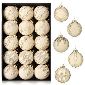 15 Pack Creamy White Velvet Ornaments for Christmas Tree(3.15 in/80 mm), Neutral Velvet Christmas Ornaments, White with Gold Flocked Ornaments