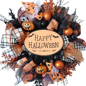 TEMPUS Halloween Door Wreaths, 16" Orange Boo Mesh Wreath with Happy Halloween Sign for Home, Autumn Wreath for Porch Wall Window Halloween Thanksgiving Decor
