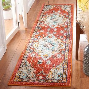 SAFAVIEH Madison Collection Runner Rug - 2' x 8', Orange & Light Blue, Boho Chic Medallion Distressed Design, Non-Shedding & Easy Care, Ideal for High Traffic Areas in Living Room, Bedroom (MAD484P)