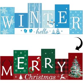 Christmas Table Decorations Wooden Winter Table Centerpieces Merry Christmas Reversible Double-sided Pattern Table Sign Standing Tabletop Merry Christmas for Holiday Office Desk Party Shelf Farmhouse