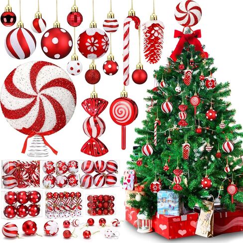 82 Pcs Christmas Candy Tree Ornaments Set Cane Lollipop Ornaments Assorted Red White Plastic Christmas Ornaments Pre-Tied Christmas Balls Glitter Hanging Ornament for Home Christmas Party in Kuwait