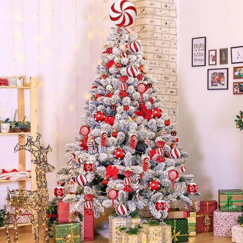 82 Pcs Christmas Candy Tree Ornaments Set Cane Lollipop Ornaments Assorted Red White Plastic Christmas Ornaments Pre-Tied Christmas Balls Glitter Hanging Ornament for Home Christmas Party in Kuwait