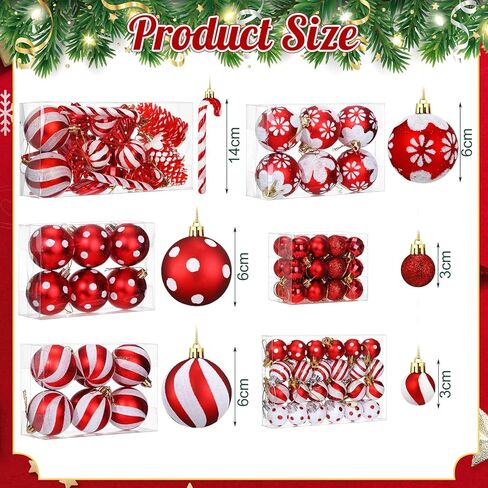 82 Pcs Christmas Candy Tree Ornaments Set Cane Lollipop Ornaments Assorted Red White Plastic Christmas Ornaments Pre-Tied Christmas Balls Glitter Hanging Ornament for Home Christmas Party in Kuwait