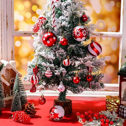 82 Pcs Christmas Candy Tree Ornaments Set Cane Lollipop Ornaments Assorted Red White Plastic Christmas Ornaments Pre-Tied Christmas Balls Glitter Hanging Ornament for Home Christmas Party in Kuwait