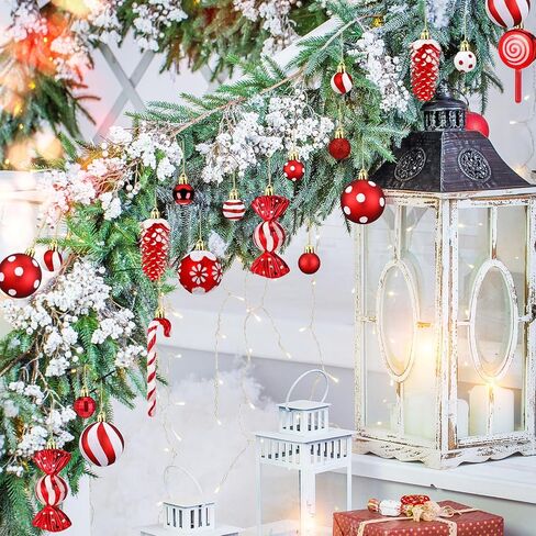 82 Pcs Christmas Candy Tree Ornaments Set Cane Lollipop Ornaments Assorted Red White Plastic Christmas Ornaments Pre-Tied Christmas Balls Glitter Hanging Ornament for Home Christmas Party in Kuwait