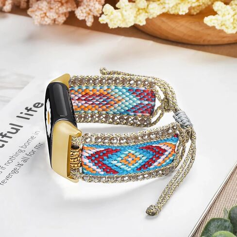 Retro Boho Braided Nylon Band Compatible with Fitbit Charge 5/ Fitbit Charge 6 Bands, Friendship Bracelet Handmade Woven Bohemian Beaded Western Dressy Strap Wristbands for Charge 5/ Charge 6 Advanced Fitness Tracker in Saudi Arabia