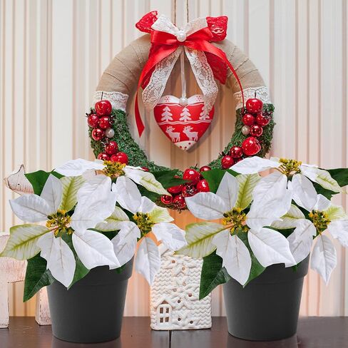 Mini Poinsettias Artificial Plants 2 Pack 9" Faux Small Christmas Flowers in Pot for Home Office Tabletop Indoor Christmas Decorations Pink Hot Red in Kuwait