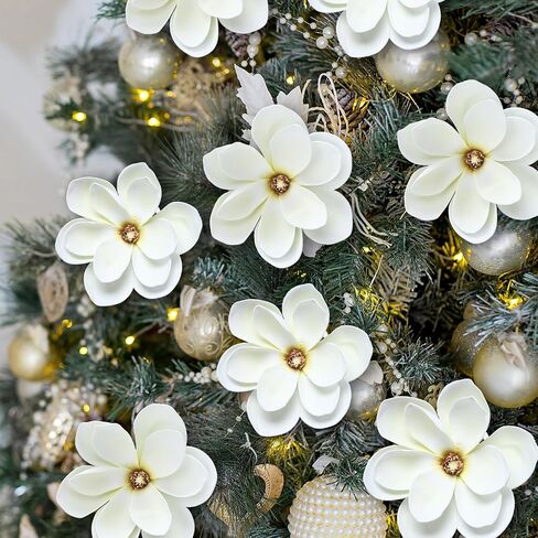 24 Pcs 6.3 In Christmas Artificial Magnolia Flower Large White Fake Magnolias Flowers for Christmas Tree Decorations with 24 Clips for Xmas Tree Wreath DIY Ornaments Wedding Party Holiday Decoration in Saudi Arabia