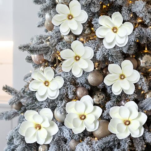 24 Pcs 6.3 In Christmas Artificial Magnolia Flower Large White Fake Magnolias Flowers for Christmas Tree Decorations with 24 Clips for Xmas Tree Wreath DIY Ornaments Wedding Party Holiday Decoration in Saudi Arabia