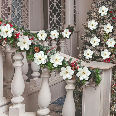 24 Pcs 6.3 In Christmas Artificial Magnolia Flower Large White Fake Magnolias Flowers for Christmas Tree Decorations with 24 Clips for Xmas Tree Wreath DIY Ornaments Wedding Party Holiday Decoration in Saudi Arabia