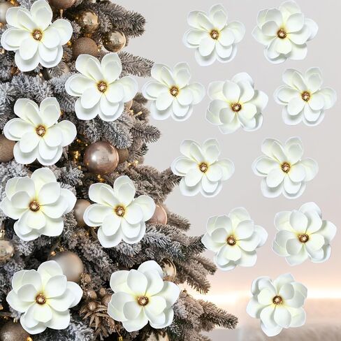 24 Pcs 6.3 In Christmas Artificial Magnolia Flower Large White Fake Magnolias Flowers for Christmas Tree Decorations with 24 Clips for Xmas Tree Wreath DIY Ornaments Wedding Party Holiday Decoration in Saudi Arabia