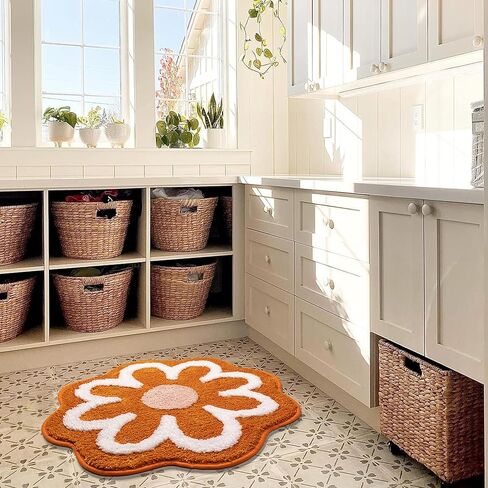 Burnt Orange Bathroom Rugs Flower Bath Mats for Bathroom Floors Non Slip Plush Fluffy Bathmat Extra Soft Absorbent Bath Rugs Washable Flower Rug for Girls Bedroom Cute Bath Mat for Shower Home Decor in Kuwait