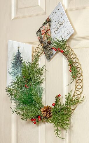 Red Co. إكليل حامل بطاقات عيد الميلاد الحلزوني الذهبي المعدني مقاس 13.5 بوصة مع الصنوبر الدائم الخضرة والتوت الأحمر in Kuwait