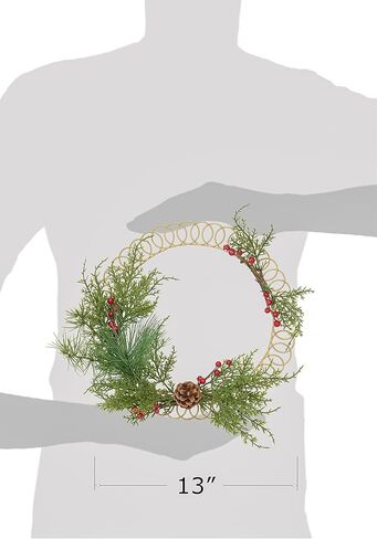 Red Co. إكليل حامل بطاقات عيد الميلاد الحلزوني الذهبي المعدني مقاس 13.5 بوصة مع الصنوبر الدائم الخضرة والتوت الأحمر in Kuwait
