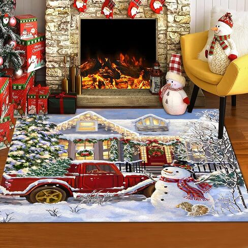 Christmas Snowman Area Rug 2'x3' for Bedroom Nursery Room Happy New Yeat Farmhouse Red Truck Snowflake Xmas Tree Rectangular Area Rugs Non-Slip Rug Washable Indoor Carpets for Dorm Office in Saudi Arabia