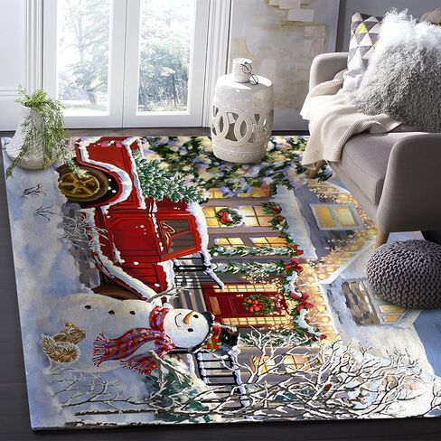 Christmas Snowman Area Rug 2'x3' for Bedroom Nursery Room Happy New Yeat Farmhouse Red Truck Snowflake Xmas Tree Rectangular Area Rugs Non-Slip Rug Washable Indoor Carpets for Dorm Office in Saudi Arabia