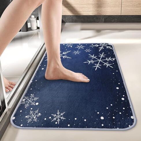 Bayson Snowflakes Imitation Cashmere Bath Mat, 17x30 Inch Winter Blue Snow Christmas Bath Rug Decorative Floor Mat, Non Slip Rubber Back and Strong Water Absorption for Bathroom Bedroom Decor in Saudi Arabia