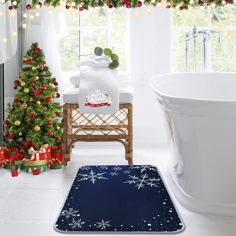 Bayson Snowflakes Imitation Cashmere Bath Mat, 17x30 Inch Winter Blue Snow Christmas Bath Rug Decorative Floor Mat, Non Slip Rubber Back and Strong Water Absorption for Bathroom Bedroom Decor in Saudi Arabia