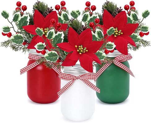 قطعة مركزية لطاولة عيد الميلاد مع نباتات صناعية، برطمان ميسون لعيد الميلاد، ترتيب الزهور، البونسيتة الاصطناعية، عطلات التوت، الصنوبر، الذرة، عيد الميلاد، صينية متدرجة، ديكور الزفاف، زينة الزفاف، هدية الترحيب بالمنزل، مجموعة من 3 قطع in Kuwait