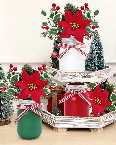 قطعة مركزية لطاولة عيد الميلاد مع نباتات صناعية، برطمان ميسون لعيد الميلاد، ترتيب الزهور، البونسيتة الاصطناعية، عطلات التوت، الصنوبر، الذرة، عيد الميلاد، صينية متدرجة، ديكور الزفاف، زينة الزفاف، هدية الترحيب بالمنزل، مجموعة من 3 قطع in Kuwait