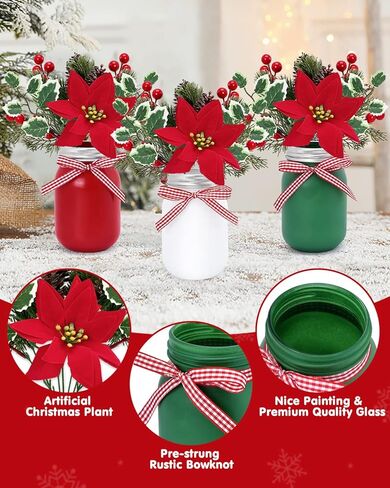 قطعة مركزية لطاولة عيد الميلاد مع نباتات صناعية، برطمان ميسون لعيد الميلاد، ترتيب الزهور، البونسيتة الاصطناعية، عطلات التوت، الصنوبر، الذرة، عيد الميلاد، صينية متدرجة، ديكور الزفاف، زينة الزفاف، هدية الترحيب بالمنزل، مجموعة من 3 قطع in Kuwait