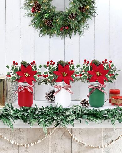 قطعة مركزية لطاولة عيد الميلاد مع نباتات صناعية، برطمان ميسون لعيد الميلاد، ترتيب الزهور، البونسيتة الاصطناعية، عطلات التوت، الصنوبر، الذرة، عيد الميلاد، صينية متدرجة، ديكور الزفاف، زينة الزفاف، هدية الترحيب بالمنزل، مجموعة من 3 قطع in Kuwait