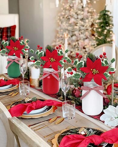 قطعة مركزية لطاولة عيد الميلاد مع نباتات صناعية، برطمان ميسون لعيد الميلاد، ترتيب الزهور، البونسيتة الاصطناعية، عطلات التوت، الصنوبر، الذرة، عيد الميلاد، صينية متدرجة، ديكور الزفاف، زينة الزفاف، هدية الترحيب بالمنزل، مجموعة من 3 قطع in Kuwait